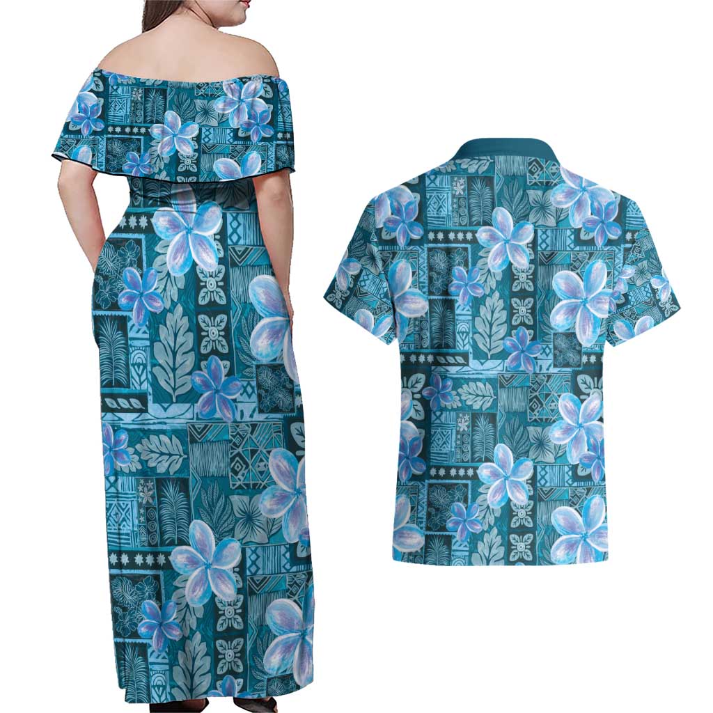 Cyan Hawaii Plumeria With Tropical Flowers Motifs Couples Matching Off Shoulder Maxi Dress and Hawaiian Shirt