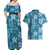 Cyan Hawaii Plumeria With Tropical Flowers Motifs Couples Matching Off Shoulder Maxi Dress and Hawaiian Shirt