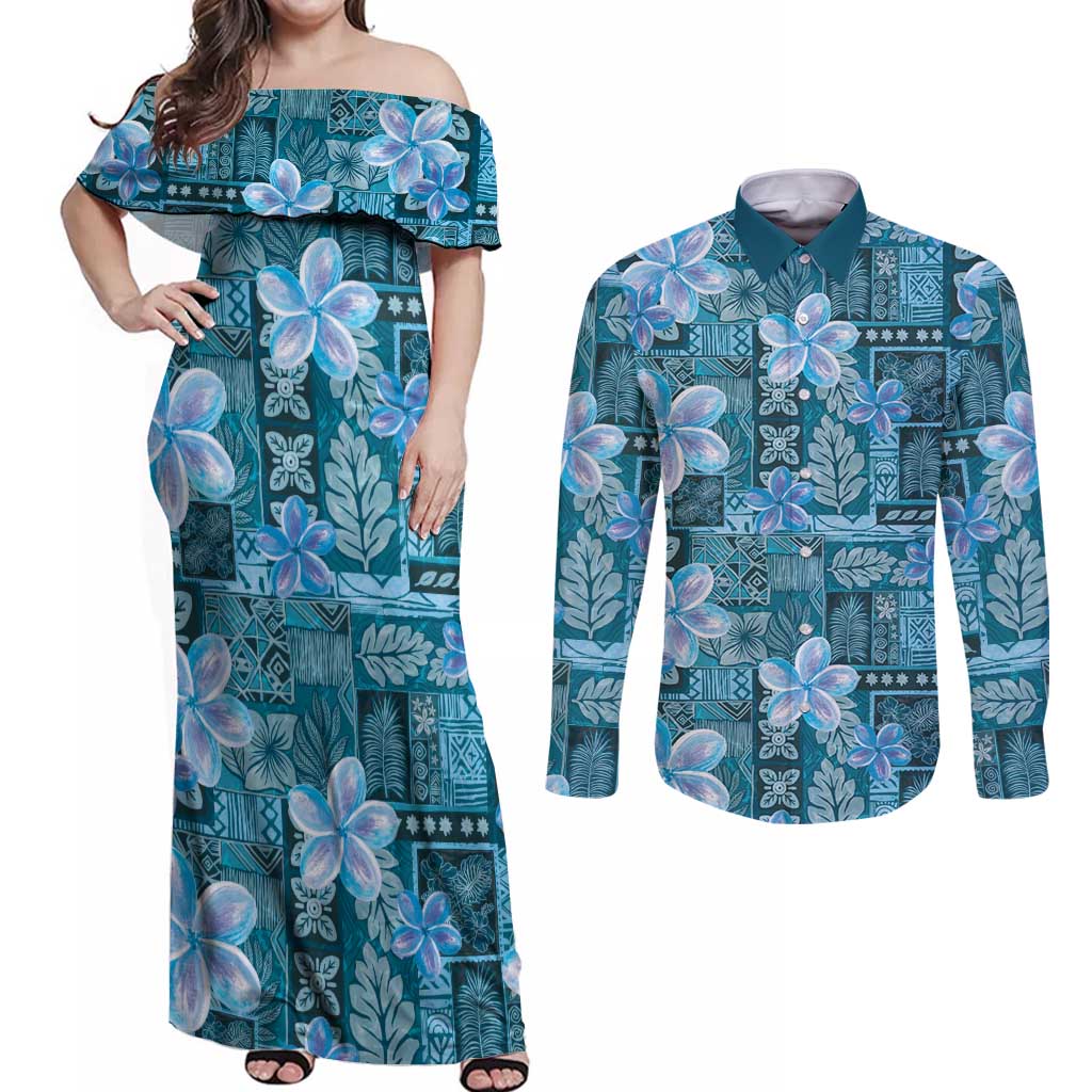 Cyan Hawaii Plumeria With Tropical Flowers Motifs Couples Matching Off Shoulder Maxi Dress and Long Sleeve Button Shirt