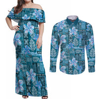 Cyan Hawaii Plumeria With Tropical Flowers Motifs Couples Matching Off Shoulder Maxi Dress and Long Sleeve Button Shirt