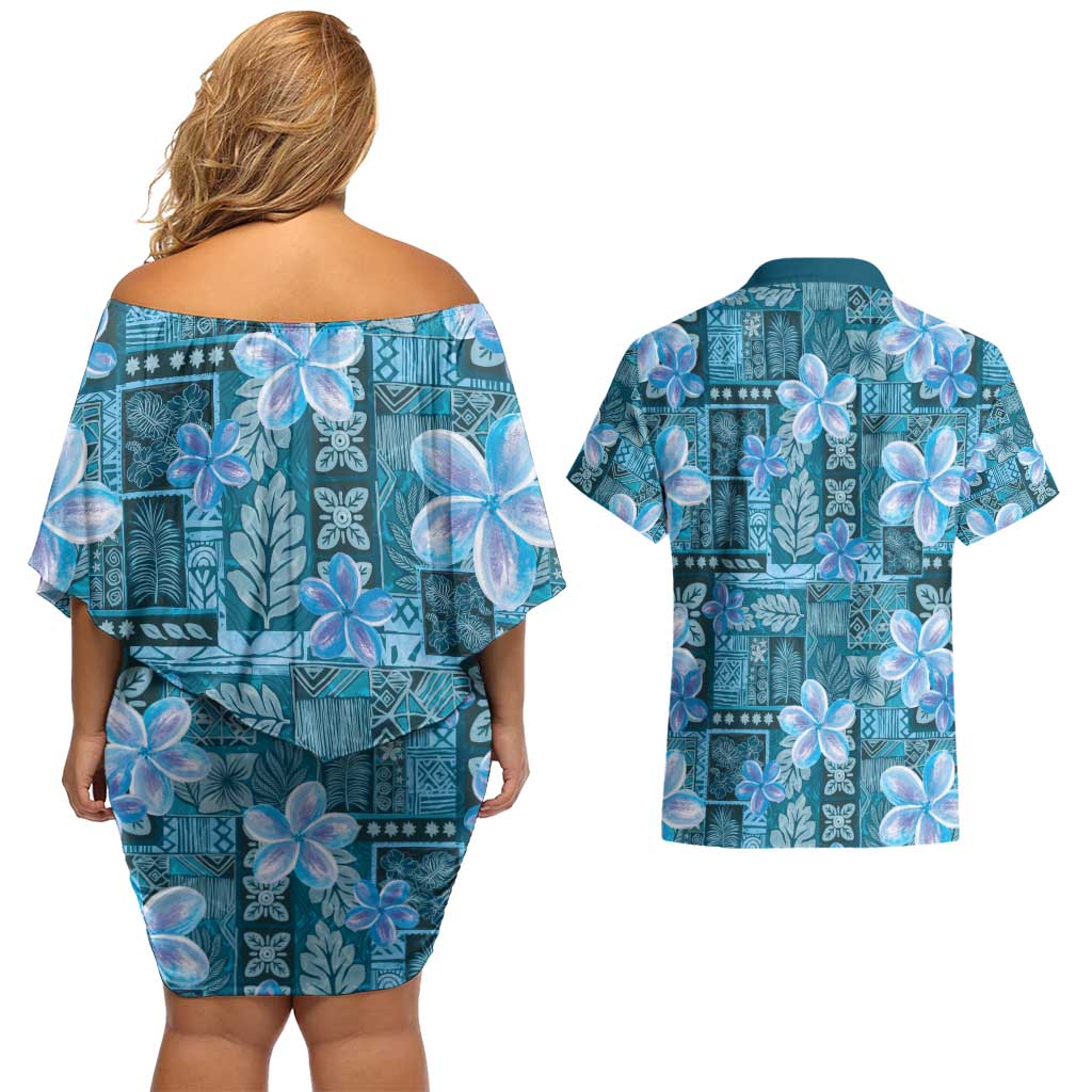 Cyan Hawaii Plumeria With Tropical Flowers Motifs Couples Matching Off Shoulder Short Dress and Hawaiian Shirt