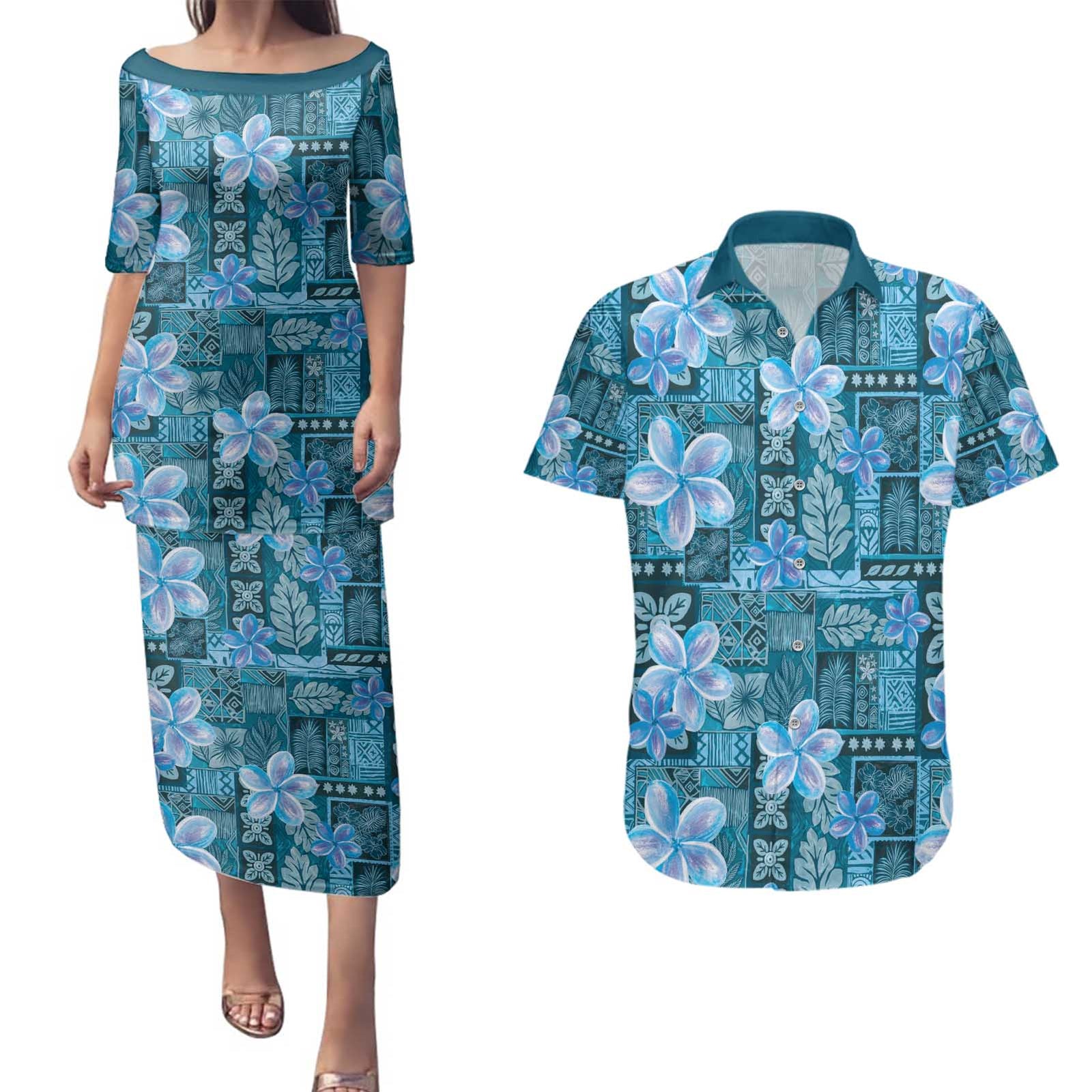 Cyan Hawaii Plumeria With Tropical Flowers Motifs Couples Matching Puletasi and Hawaiian Shirt