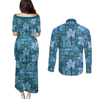 Cyan Hawaii Plumeria With Tropical Flowers Motifs Couples Matching Puletasi and Long Sleeve Button Shirt
