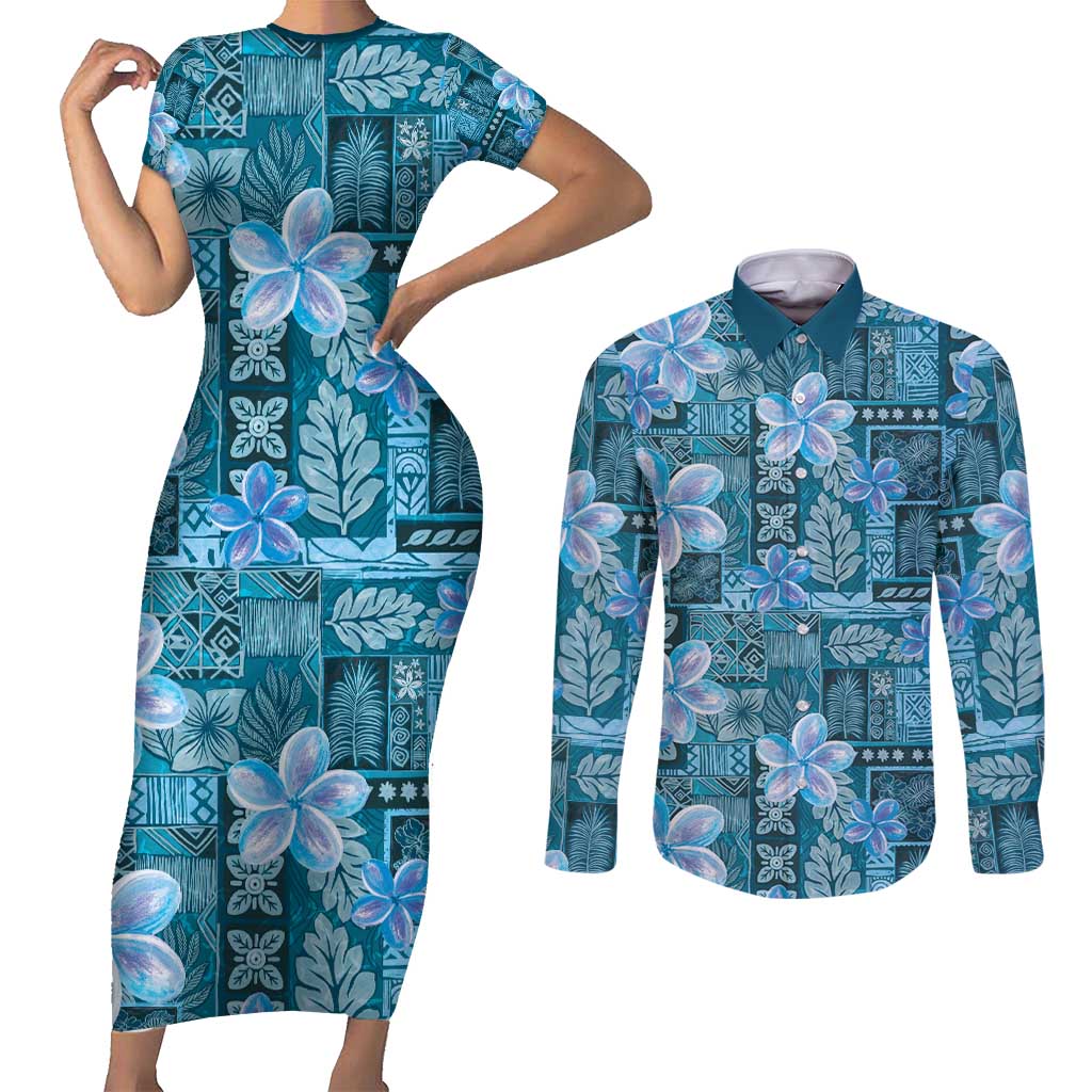 Cyan Hawaii Plumeria With Tropical Flowers Motifs Couples Matching Short Sleeve Bodycon Dress and Long Sleeve Button Shirt