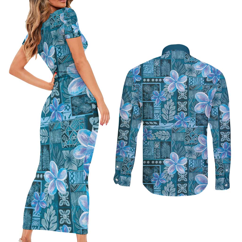 Cyan Hawaii Plumeria With Tropical Flowers Motifs Couples Matching Short Sleeve Bodycon Dress and Long Sleeve Button Shirt