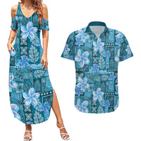 Cyan Hawaii Plumeria With Tropical Flowers Motifs Couples Matching Summer Maxi Dress and Hawaiian Shirt