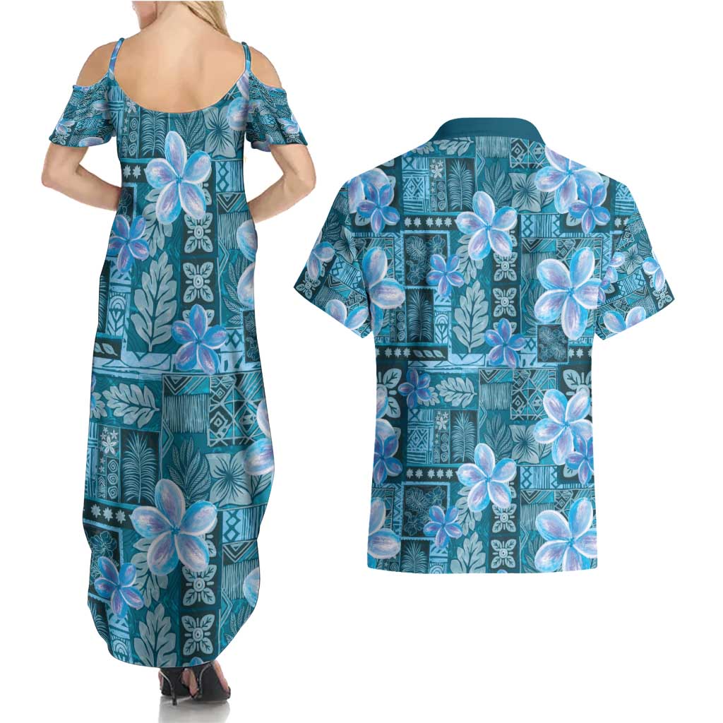 Cyan Hawaii Plumeria With Tropical Flowers Motifs Couples Matching Summer Maxi Dress and Hawaiian Shirt