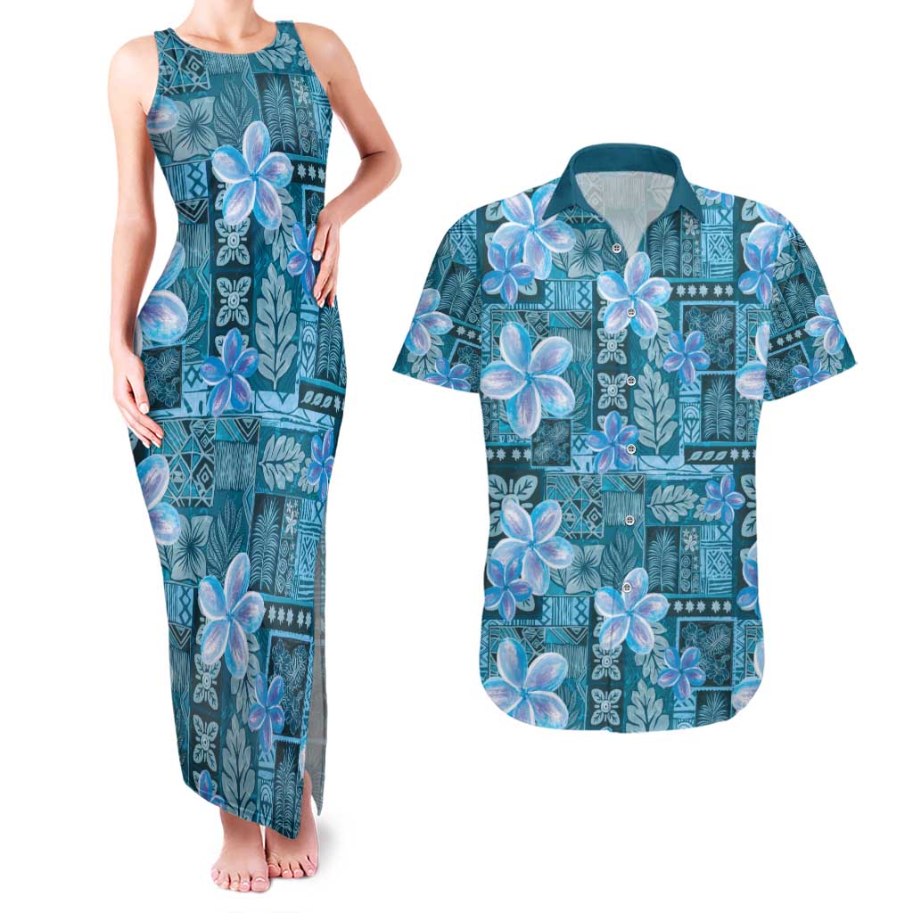 Cyan Hawaii Plumeria With Tropical Flowers Motifs Couples Matching Tank Maxi Dress and Hawaiian Shirt