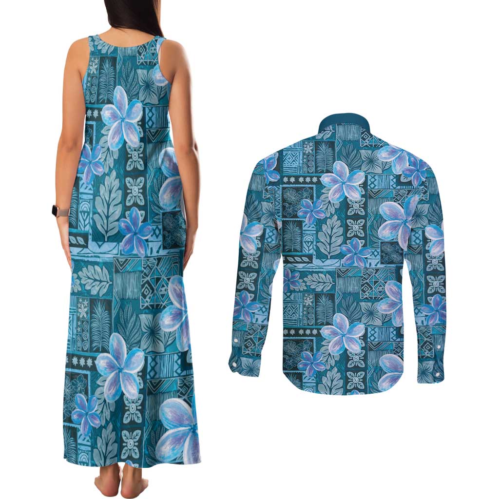 Cyan Hawaii Plumeria With Tropical Flowers Motifs Couples Matching Tank Maxi Dress and Long Sleeve Button Shirt