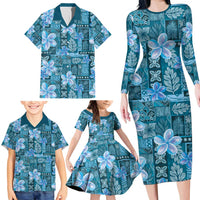 Cyan Hawaii Plumeria With Tropical Flowers Motifs Family Matching Long Sleeve Bodycon Dress and Hawaiian Shirt