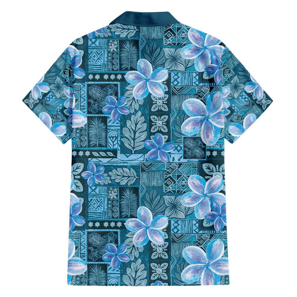Cyan Hawaii Plumeria With Tropical Flowers Motifs Family Matching Long Sleeve Bodycon Dress and Hawaiian Shirt