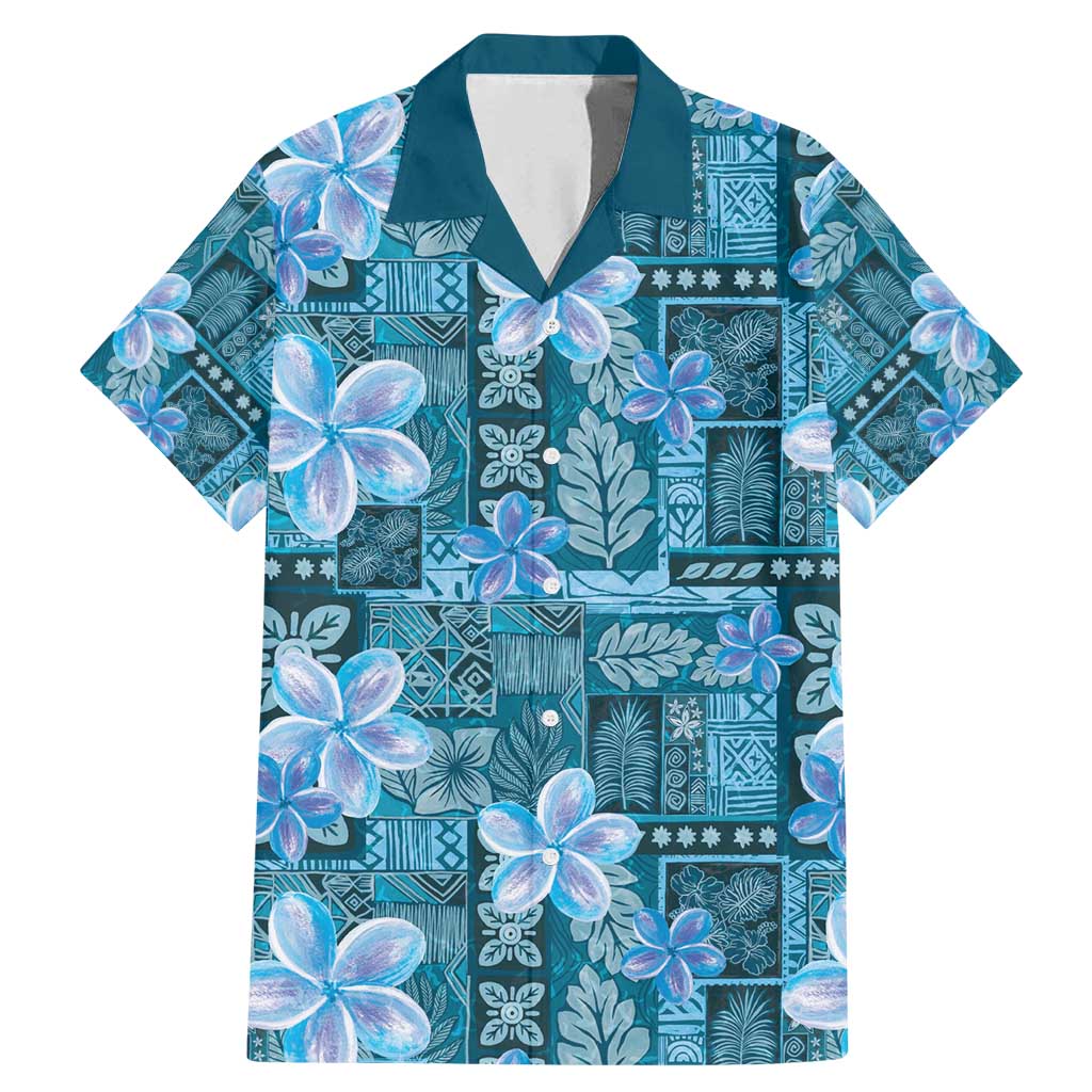 Cyan Hawaii Plumeria With Tropical Flowers Motifs Family Matching Mermaid Dress and Hawaiian Shirt