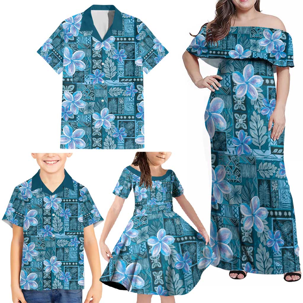 Cyan Hawaii Plumeria With Tropical Flowers Motifs Family Matching Off Shoulder Maxi Dress and Hawaiian Shirt