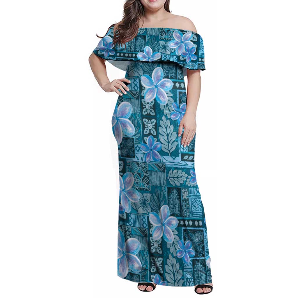 Cyan Hawaii Plumeria With Tropical Flowers Motifs Family Matching Off Shoulder Maxi Dress and Hawaiian Shirt