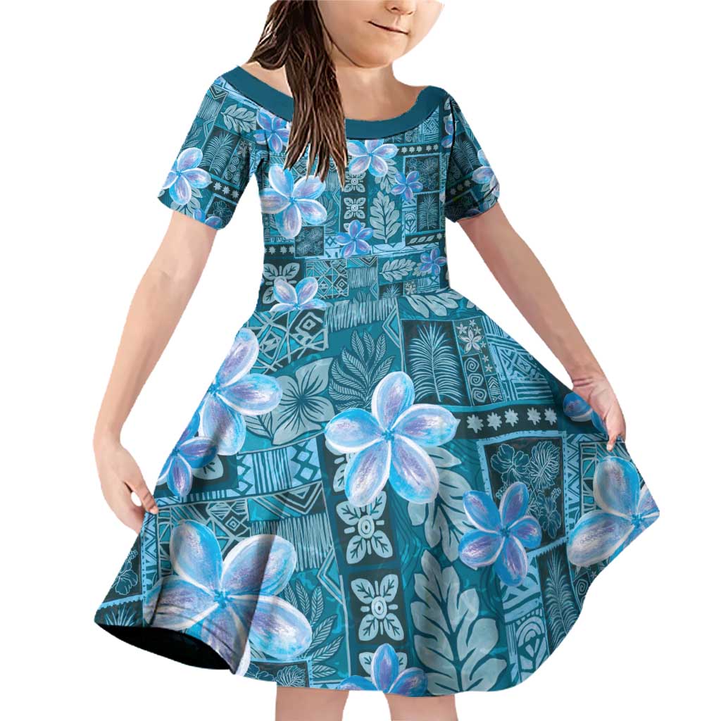 Cyan Hawaii Plumeria With Tropical Flowers Motifs Family Matching Off Shoulder Short Dress and Hawaiian Shirt