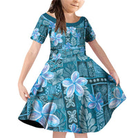 Cyan Hawaii Plumeria With Tropical Flowers Motifs Family Matching Off Shoulder Short Dress and Hawaiian Shirt