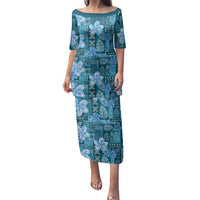 Cyan Hawaii Plumeria With Tropical Flowers Motifs Family Matching Puletasi and Hawaiian Shirt