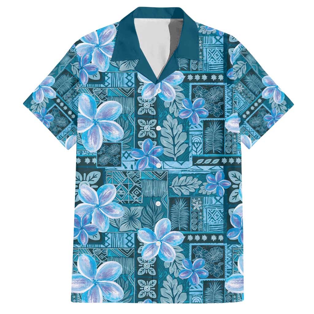 Cyan Hawaii Plumeria With Tropical Flowers Motifs Family Matching Short Sleeve Bodycon Dress and Hawaiian Shirt