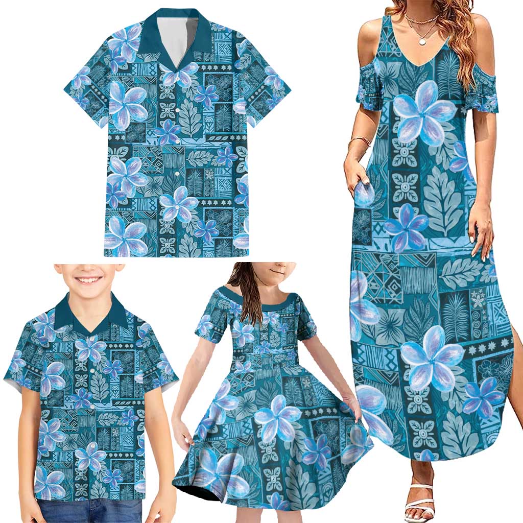 Cyan Hawaii Plumeria With Tropical Flowers Motifs Family Matching Summer Maxi Dress and Hawaiian Shirt