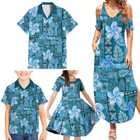 Cyan Hawaii Plumeria With Tropical Flowers Motifs Family Matching Summer Maxi Dress and Hawaiian Shirt