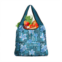 Cyan Hawaii Plumeria With Tropical Flowers Motifs Grocery Bag
