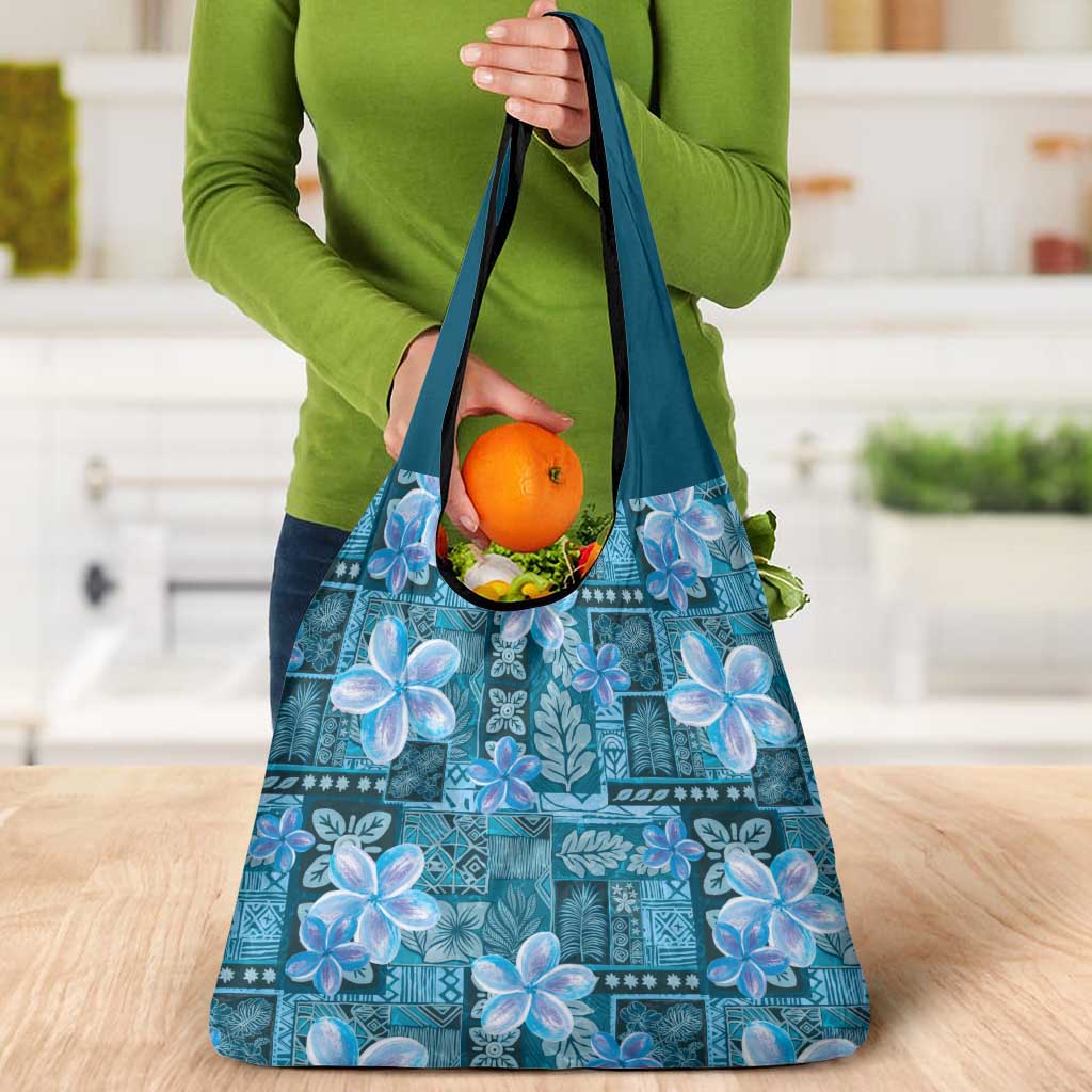 Cyan Hawaii Plumeria With Tropical Flowers Motifs Grocery Bag