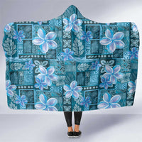 Cyan Hawaii Plumeria With Tropical Flowers Motifs Hooded Blanket