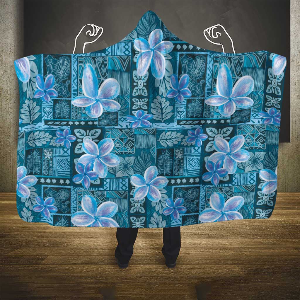 Cyan Hawaii Plumeria With Tropical Flowers Motifs Hooded Blanket
