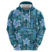 Cyan Hawaii Plumeria With Tropical Flowers Motifs Hoodie