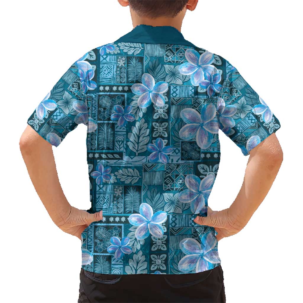 Cyan Hawaii Plumeria With Tropical Flowers Motifs Kid Hawaiian Shirt