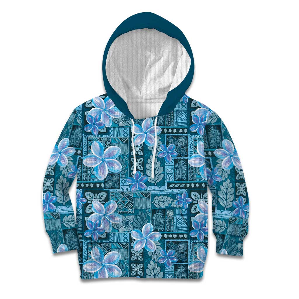 Cyan Hawaii Plumeria With Tropical Flowers Motifs Kid Hoodie