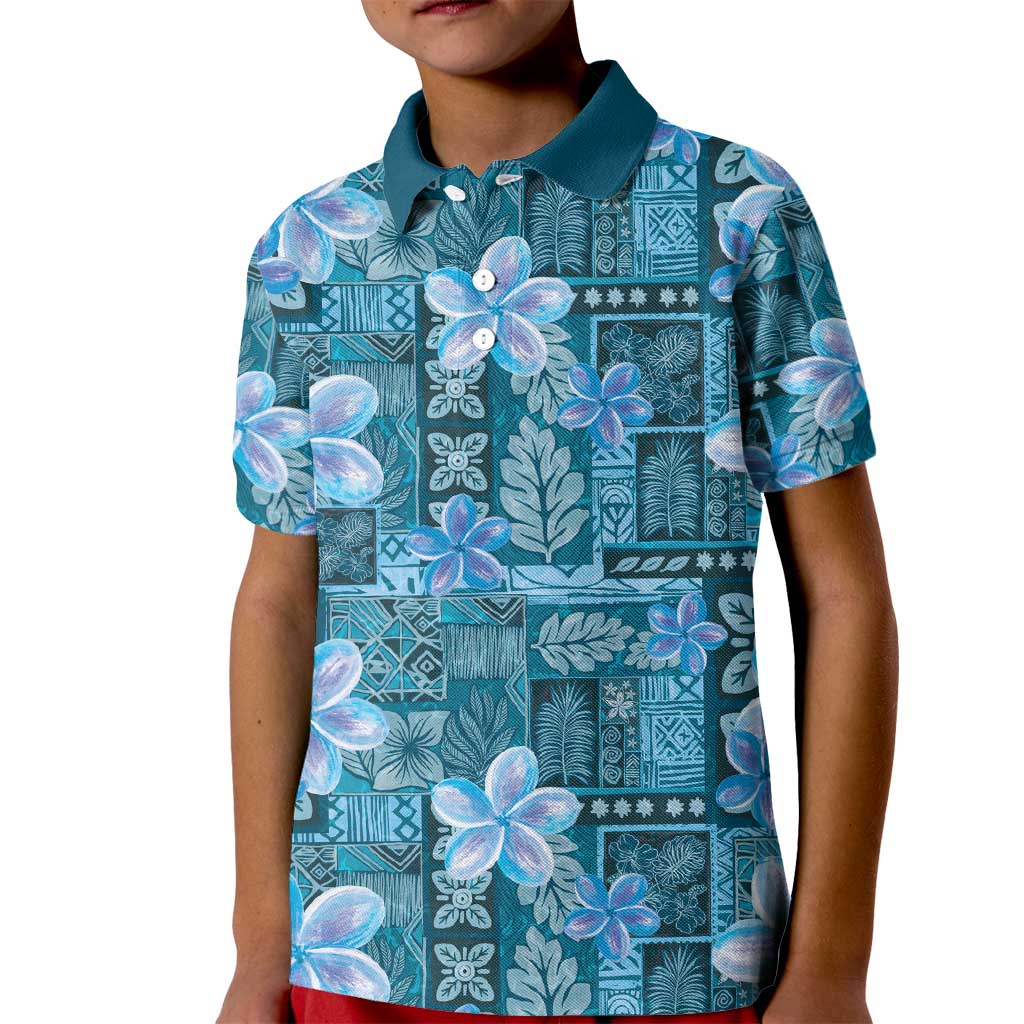 Cyan Hawaii Plumeria With Tropical Flowers Motifs Kid Polo Shirt