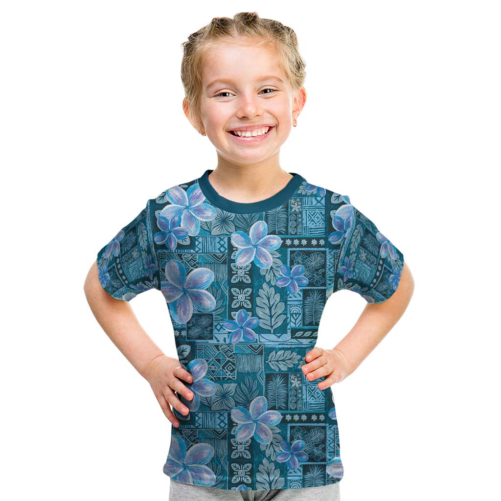 Cyan Hawaii Plumeria With Tropical Flowers Motifs Kid T Shirt