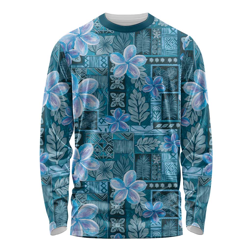 Cyan Hawaii Plumeria With Tropical Flowers Motifs Long Sleeve Shirt