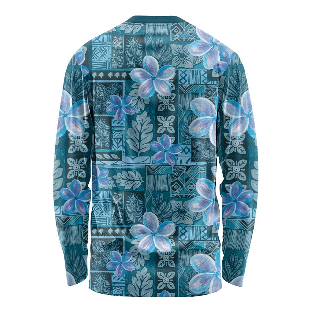 Cyan Hawaii Plumeria With Tropical Flowers Motifs Long Sleeve Shirt