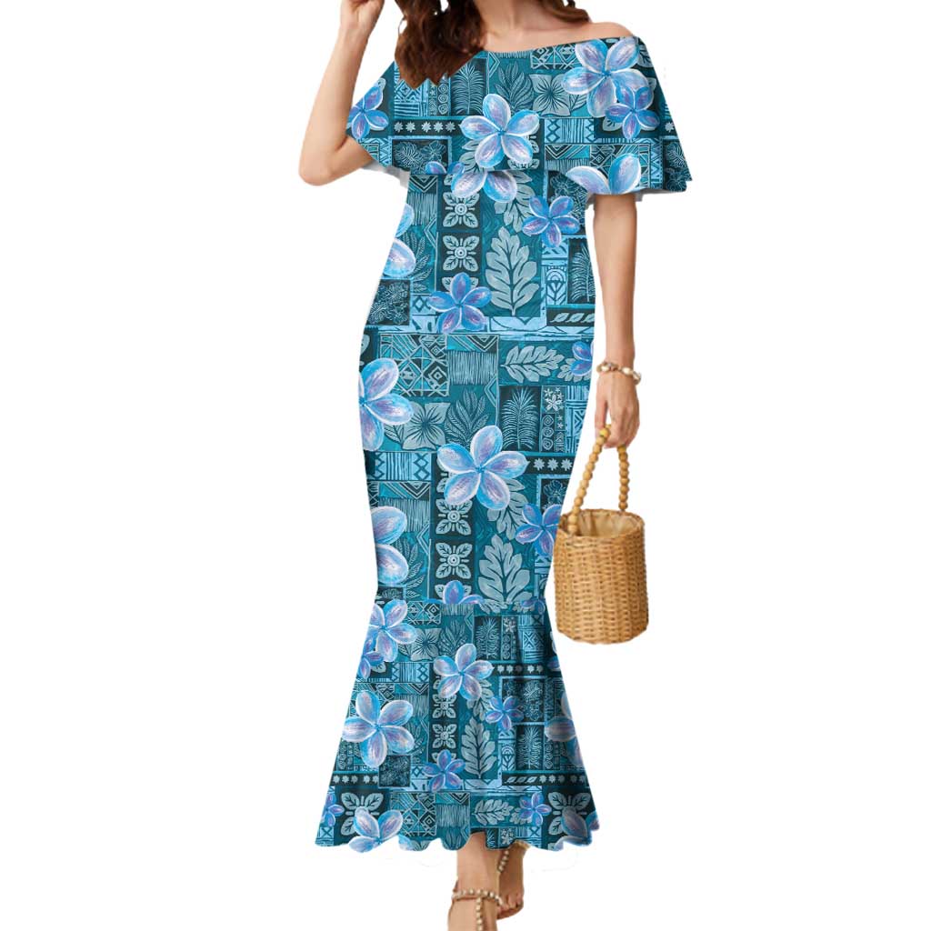 Cyan Hawaii Plumeria With Tropical Flowers Motifs Mermaid Dress