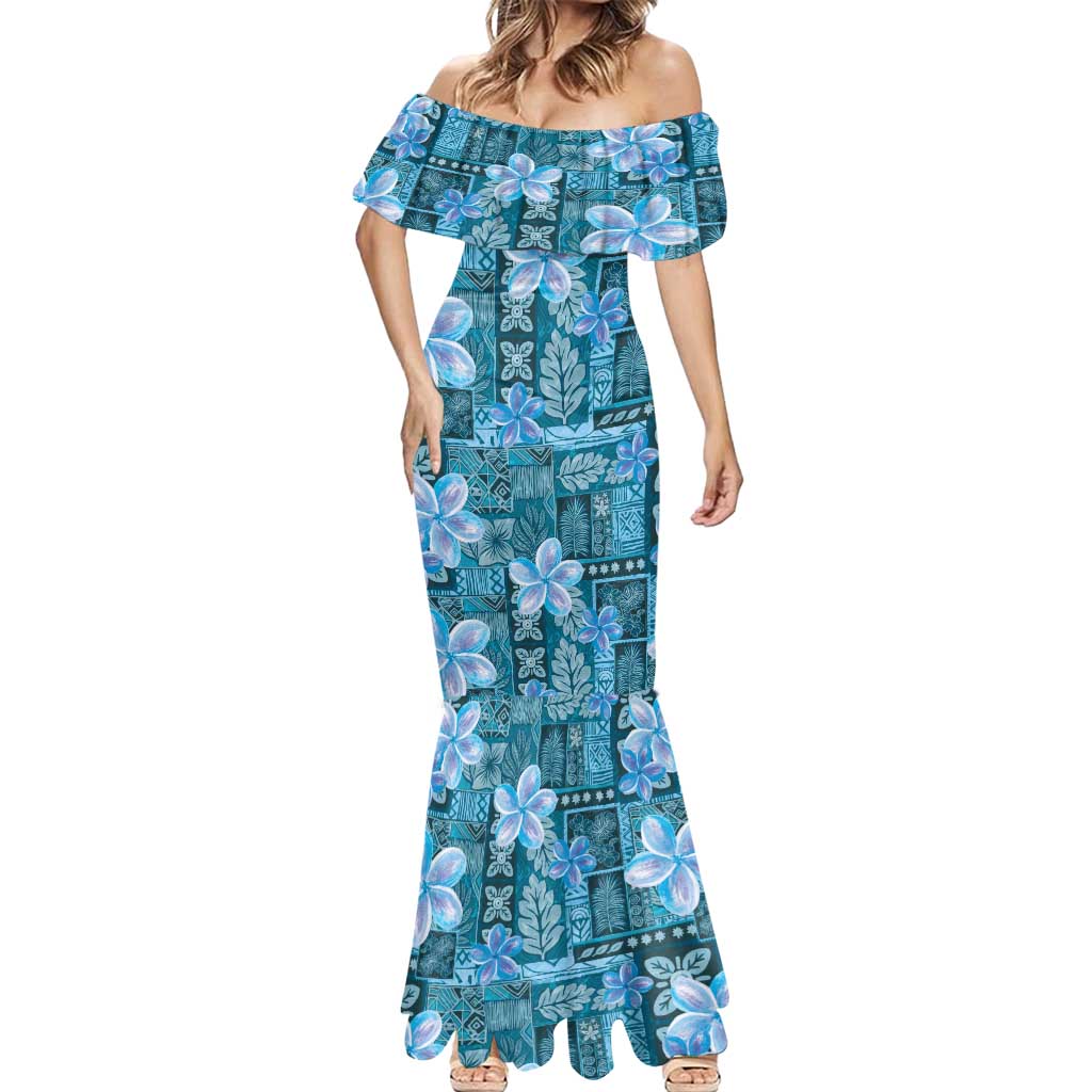 Cyan Hawaii Plumeria With Tropical Flowers Motifs Mermaid Dress