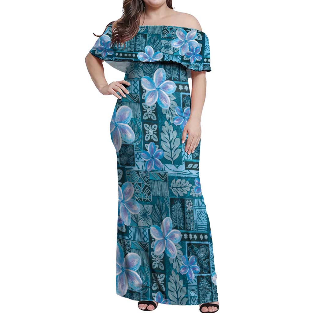Cyan Hawaii Plumeria With Tropical Flowers Motifs Off Shoulder Maxi Dress