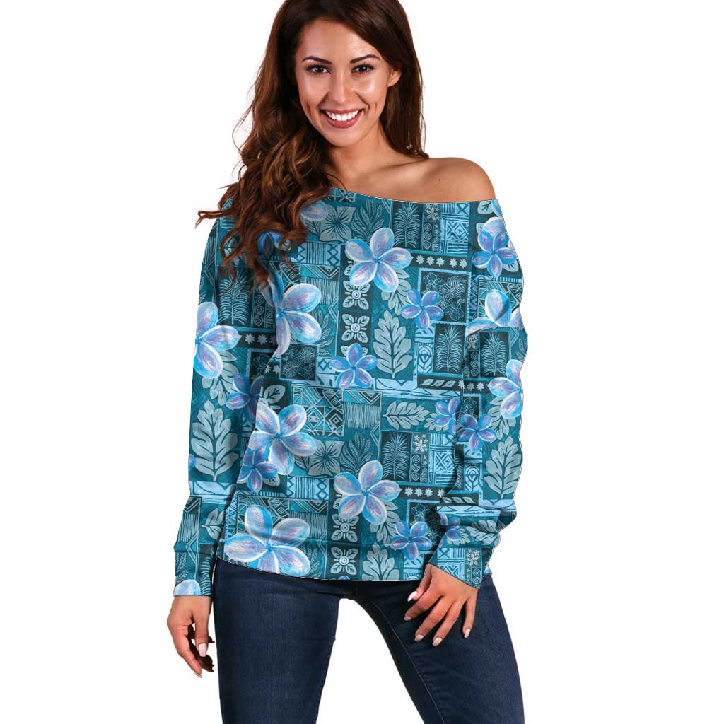 Cyan Hawaii Plumeria With Tropical Flowers Motifs Off Shoulder Sweater