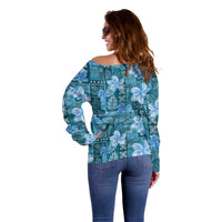 Cyan Hawaii Plumeria With Tropical Flowers Motifs Off Shoulder Sweater