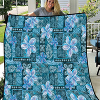 Cyan Hawaii Plumeria With Tropical Flowers Motifs Quilt