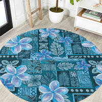 Cyan Hawaii Plumeria With Tropical Flowers Motifs Round Carpet