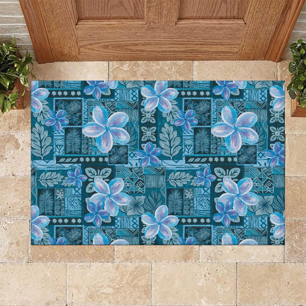 Cyan Hawaii Plumeria With Tropical Flowers Motifs Rubber Doormat