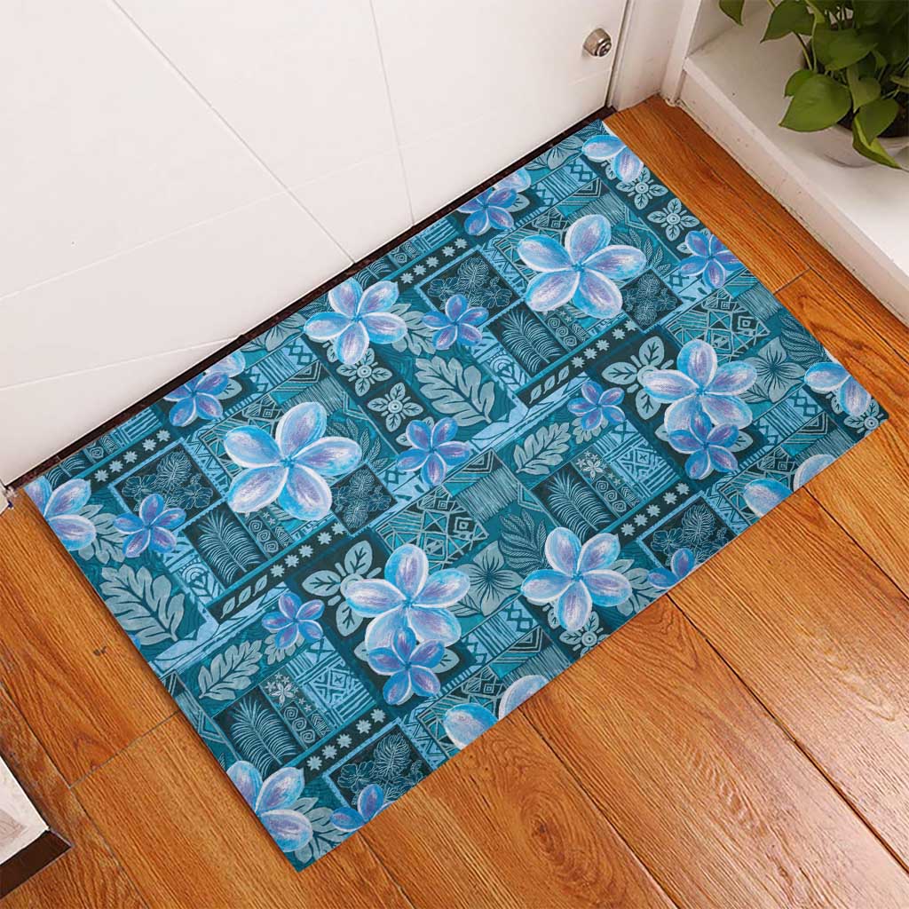 Cyan Hawaii Plumeria With Tropical Flowers Motifs Rubber Doormat