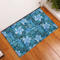 Cyan Hawaii Plumeria With Tropical Flowers Motifs Rubber Doormat