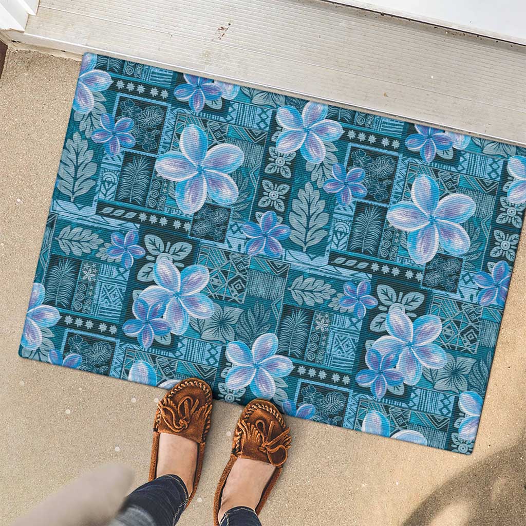 Cyan Hawaii Plumeria With Tropical Flowers Motifs Rubber Doormat