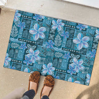 Cyan Hawaii Plumeria With Tropical Flowers Motifs Rubber Doormat