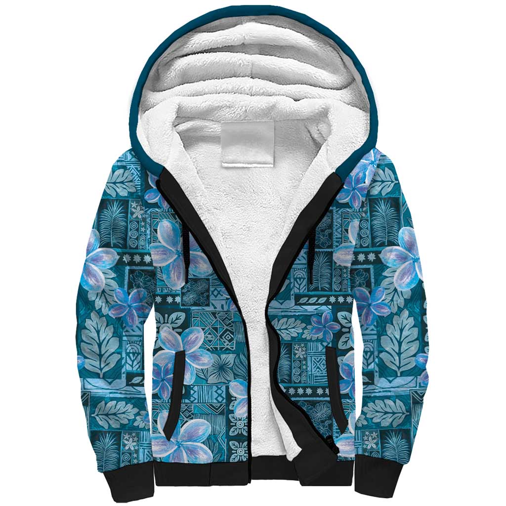 Cyan Hawaii Plumeria With Tropical Flowers Motifs Sherpa Hoodie