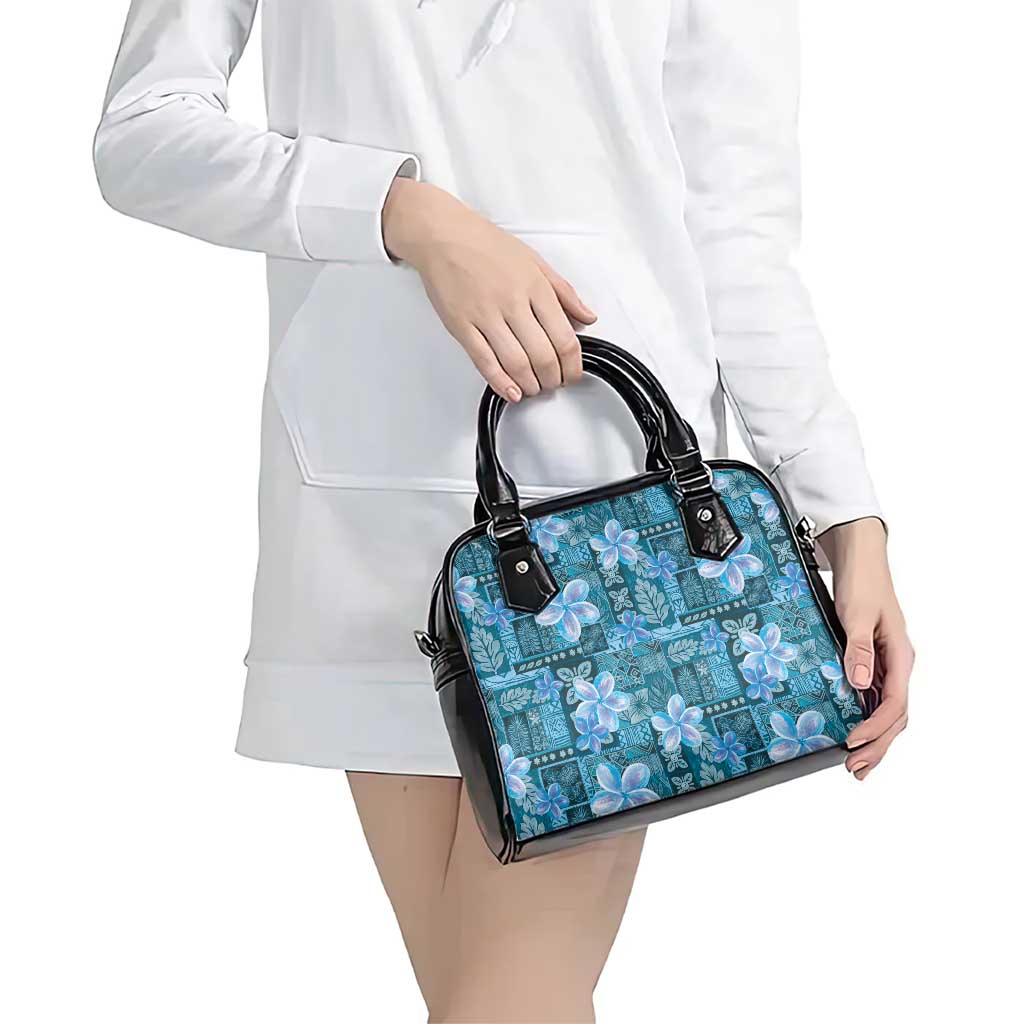 Cyan Hawaii Plumeria With Tropical Flowers Motifs Shoulder Handbag