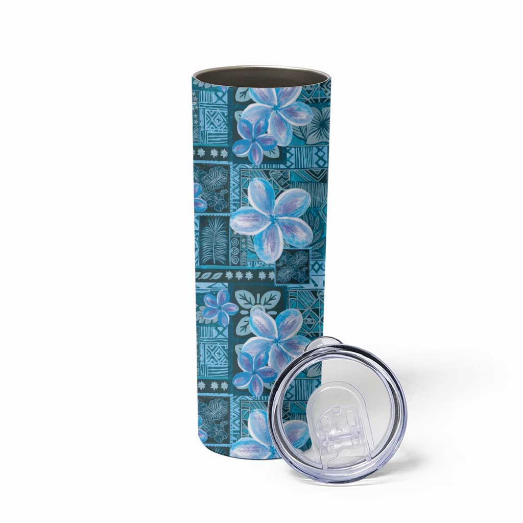 Cyan Hawaii Plumeria With Tropical Flowers Motifs Skinny Tumbler
